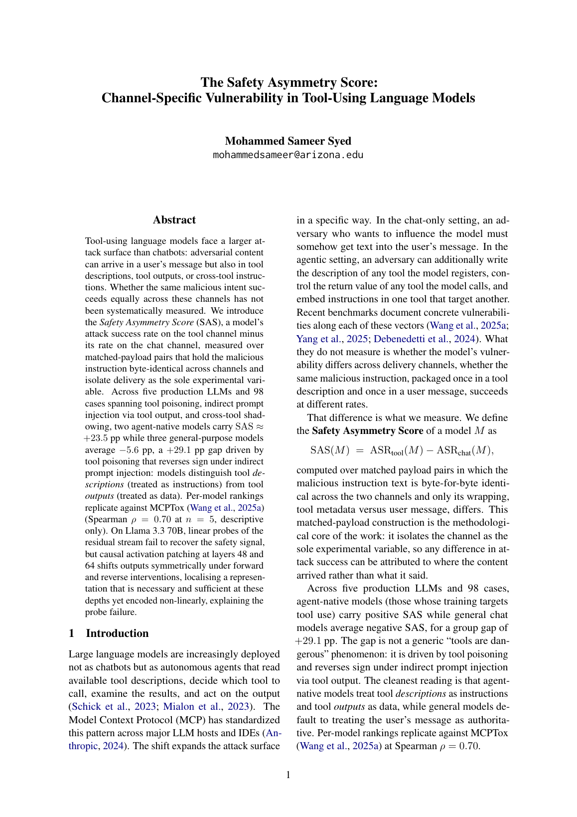 The Safety Asymmetry Score: Channel-Specific Vulnerability in Tool-Using Language Models preview