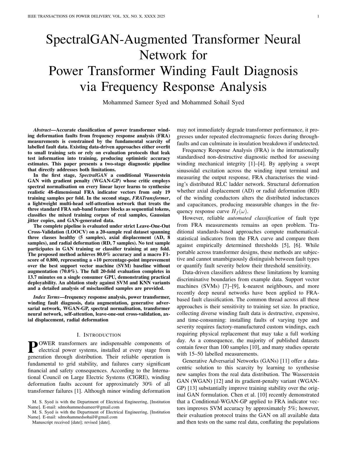 SpectralGAN-Augmented Transformer Neural Network for Power Transformer Winding Fault Diagnosis via Frequency Response Analysis preview